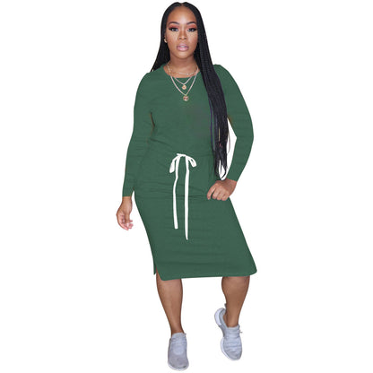 Classic Simple Casual Solid Color Long Sleeve Women Drawstring Dress