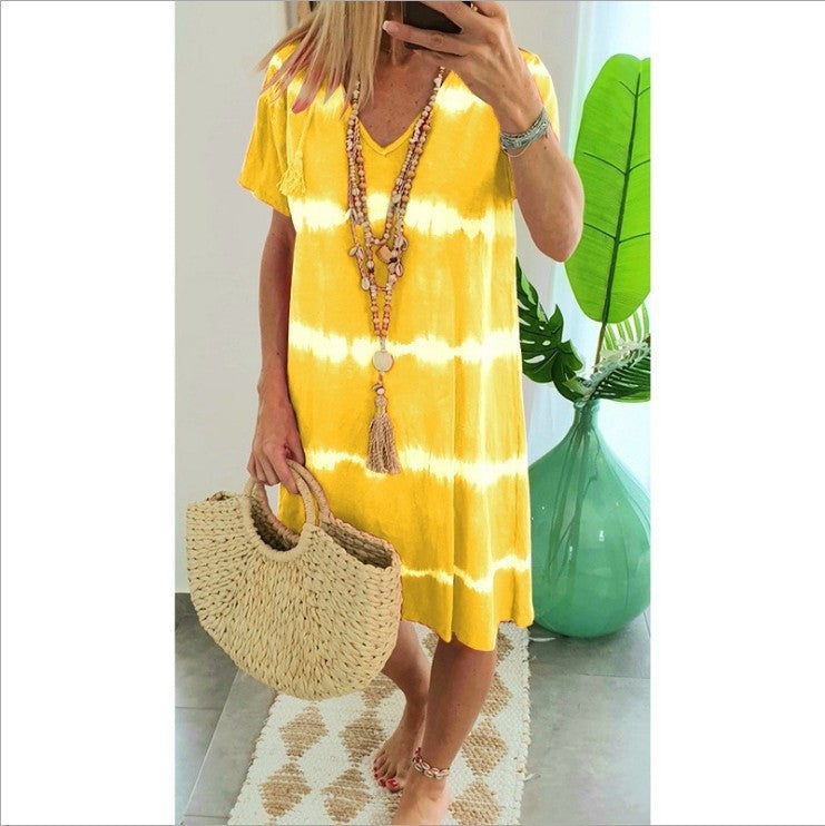 Women Casual Tie Dye Short Sleeve Summer V Neck Loose Bohemian Beach Dress