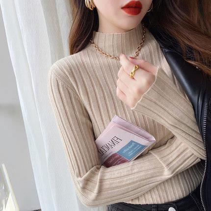 Women Fashion Basic Casual Half High Neck Long Sleeve Knitted Sweater