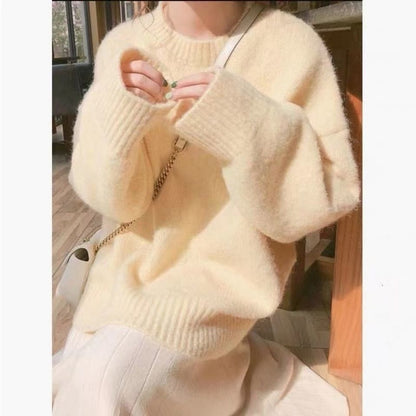 Women Fashion Casual Loose Solid Color Round Neck Long Sleeve Knitwear