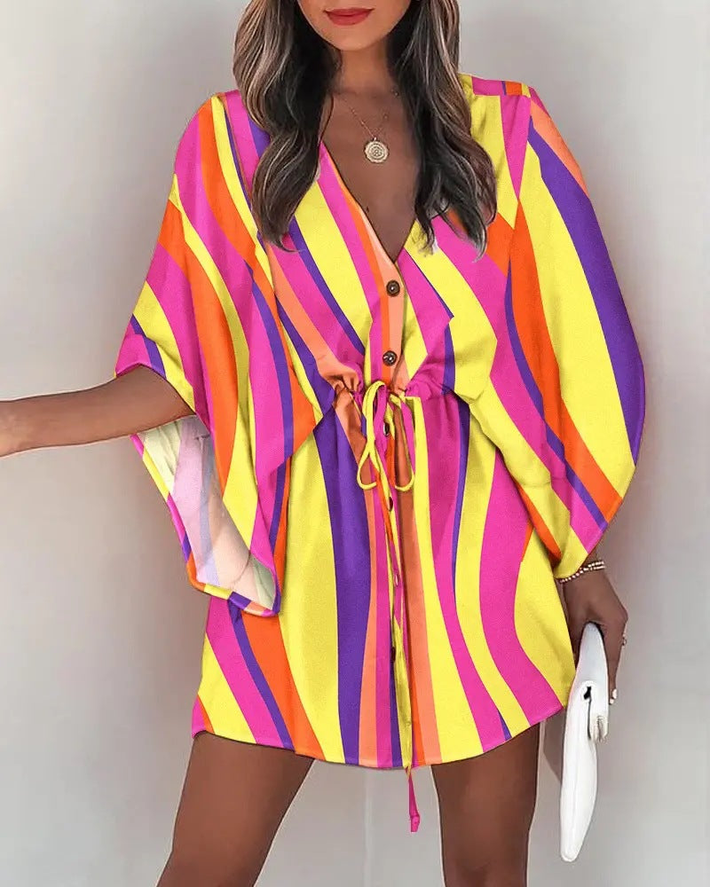 Women Elegant Bohemian Summer Short Sleeves V Neck Casual Bandage Holiday Dress