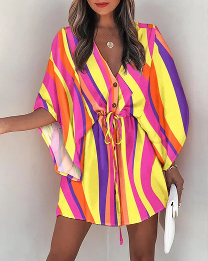 Women Elegant Bohemian Summer Short Sleeves V Neck Casual Bandage Holiday Dress