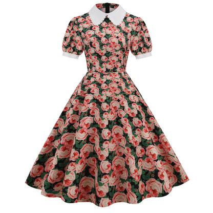 Women Vintage Summer Floral Printed Short-Sleeved Doll Collar Casual Large Swing Dress