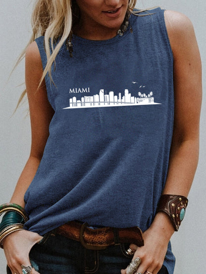 Women Fashion Casual High-Rise Printed Round Neck Sleeveless Tank Top