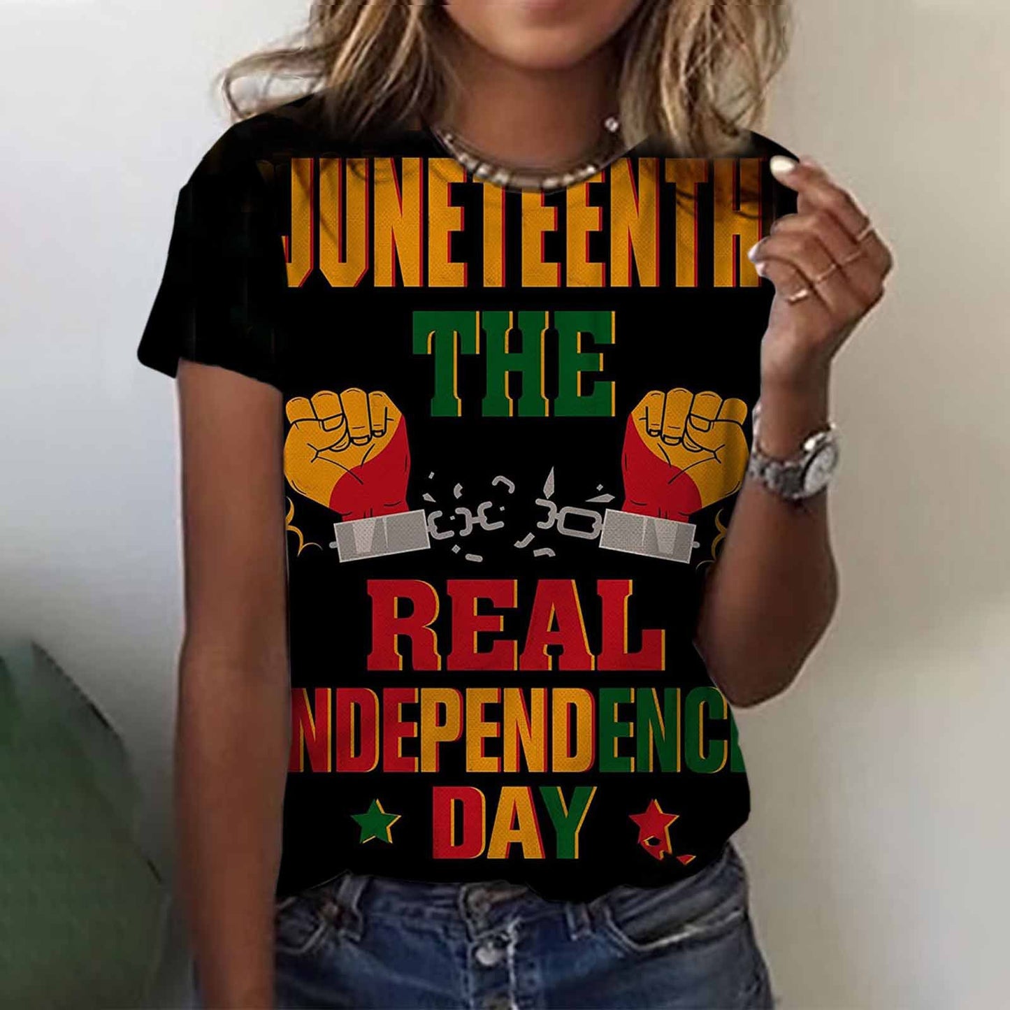 Camiseta informal de manga corta con cuello redondo para mujer, con estampado digital 3D del Día de la Liberación Negra de Juneteenth