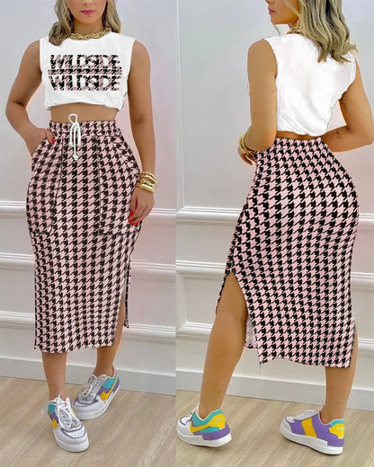 Women Fashion Casual Sleeveless Crop Tank Top And Side-slit Bodycon Skirt Set