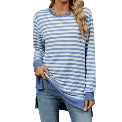 Camiseta informal de manga larga con cuello redondo y rayas para mujer