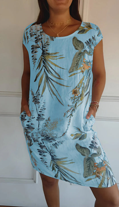 Vestido informal holgado con estampado de cuello redondo y manga corta con bolsillos para mujer