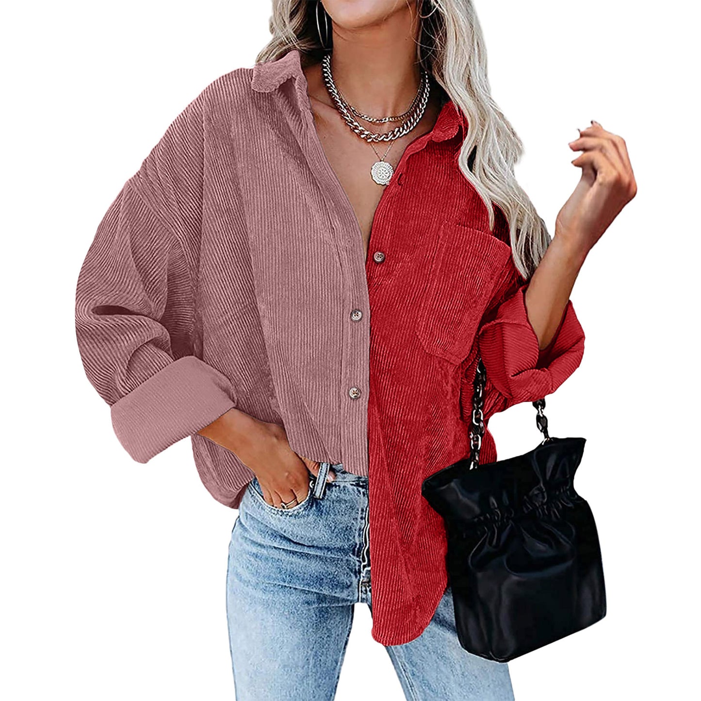 Blusa informal de manga larga con solapa y botones para mujer, con diseño de patchwork y bloqueo de color