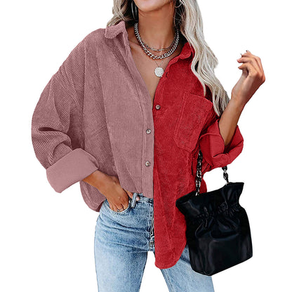 Blusa informal de manga larga con solapa y botones para mujer, con diseño de patchwork y bloqueo de color