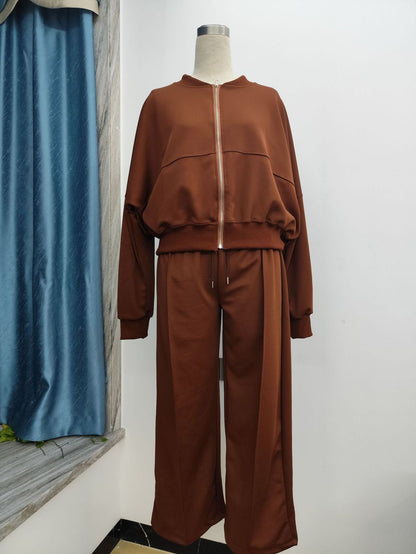 Fall Winter Women Fashion Simple Zipper Sweatshirt Jacket Casual Straight Leg Pants Set