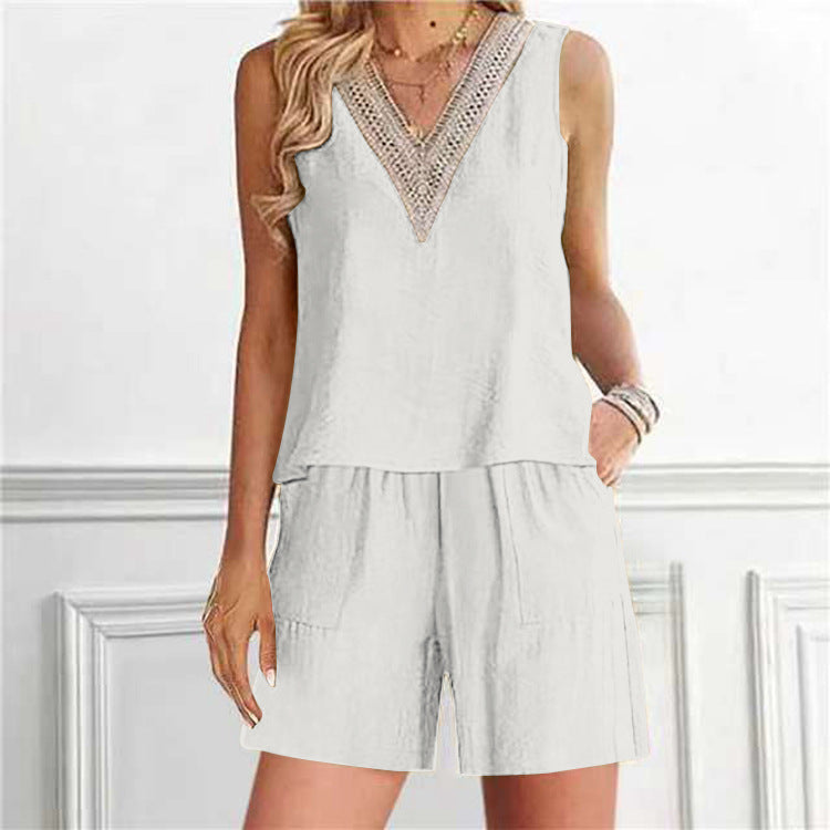 Conjunto informal de 2 piezas de top y pantalones cortos sin mangas con cuello en V de lino y algodón para mujer