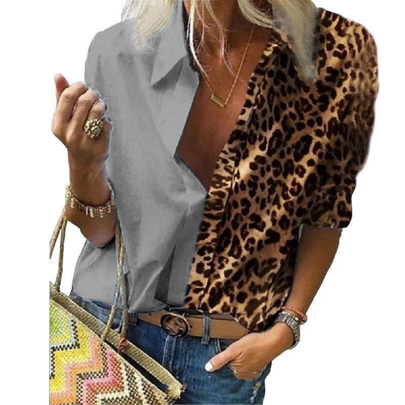 Women Casual Office Long Sleeve Shirt Leopard Print Contrast Loose Chiffon Blouse
