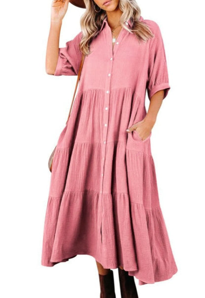 Summer Women Casual Solid Color Button Loose Shirt Dress