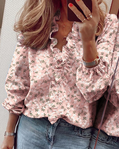 Blusa informal con cuello en V y mangas farol con volantes para mujer