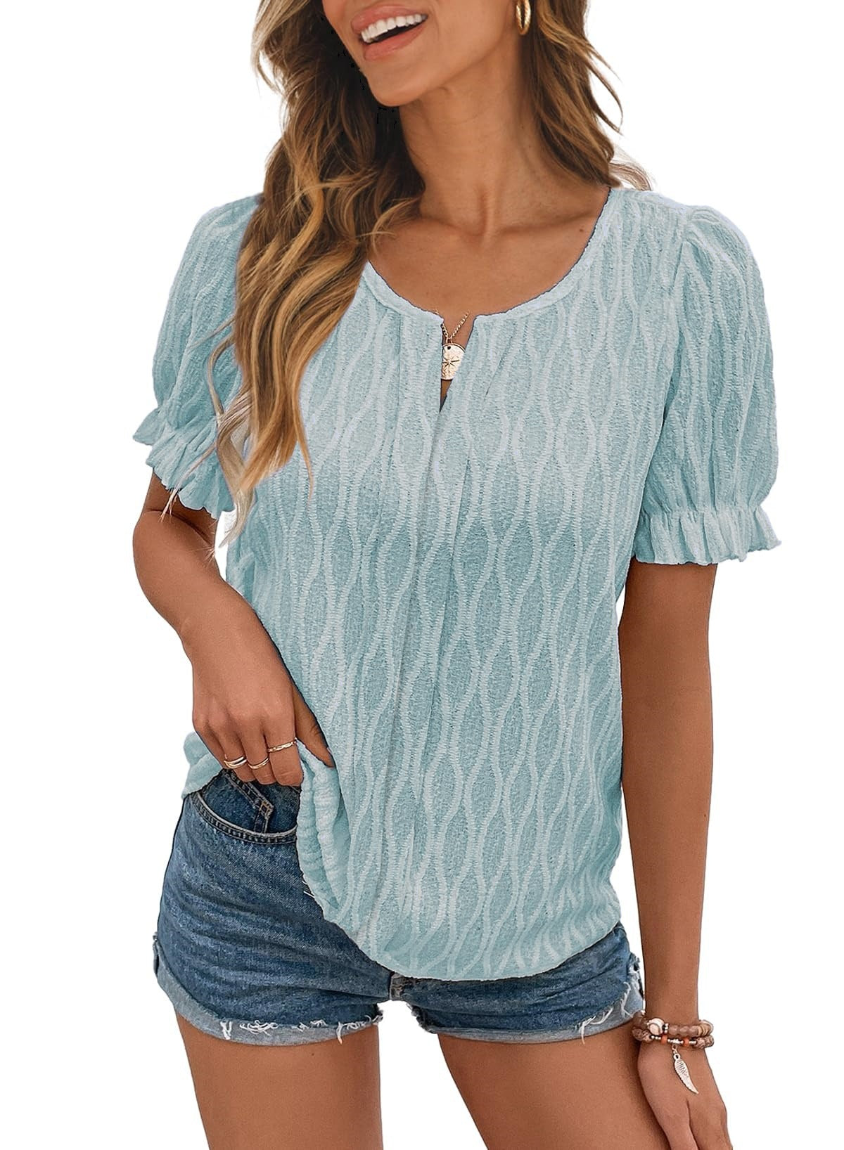 Blusa informal de jacquard de color liso con cuello en V y mangas abullonadas para mujer