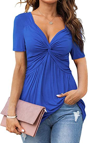Blusa informal plisada de manga corta con cuello en V y color liso para mujer