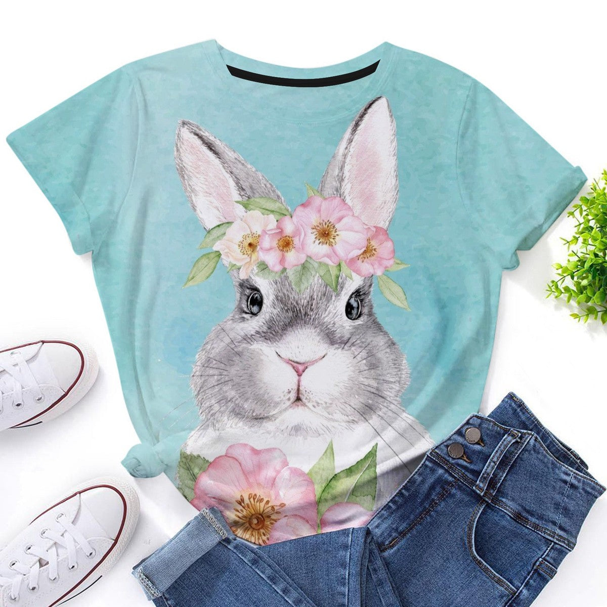 Camiseta informal de manga corta con cuello redondo y estampado de conejo de Pascua para mujer