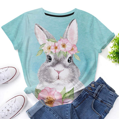 Camiseta informal de manga corta con cuello redondo y estampado de conejo de Pascua para mujer
