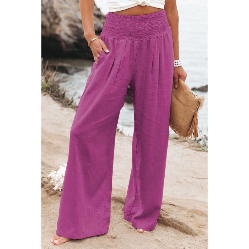 Women Fashion Casual Solid Color Cotton Linen Elastic-Waist Wide Leg Pants