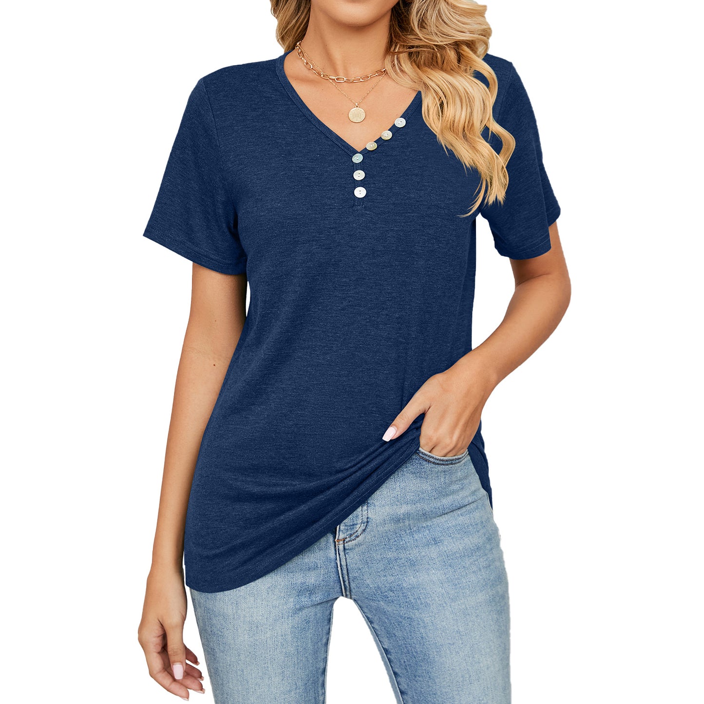 Camiseta informal holgada de manga corta con botones y cuello en V para mujer