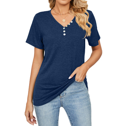 Camiseta informal holgada de manga corta con botones y cuello en V para mujer