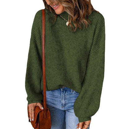 Suéter informal holgado de punto con cuello alto y mangas abullonadas de color liso para mujer de invierno