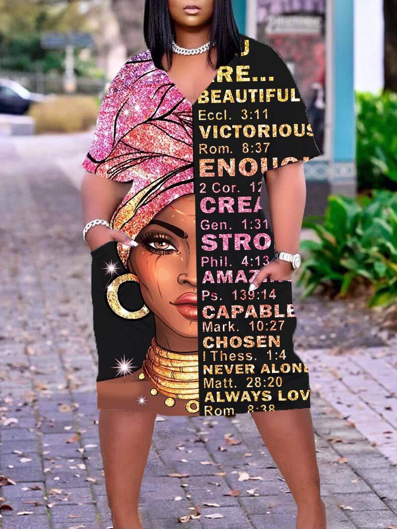 Women Casual Graffiti Printed Vintage 3D Pocket Loose Plus Size Dress