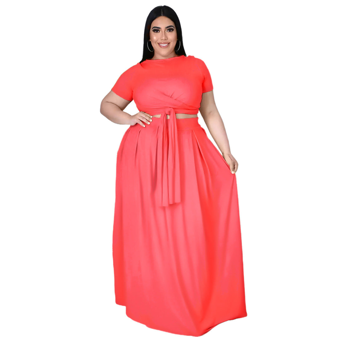 Women Fashion Casual Plus Size Solid Color Cross Strap Short-Sleeve Top Loose Skirt Two-Piece Set