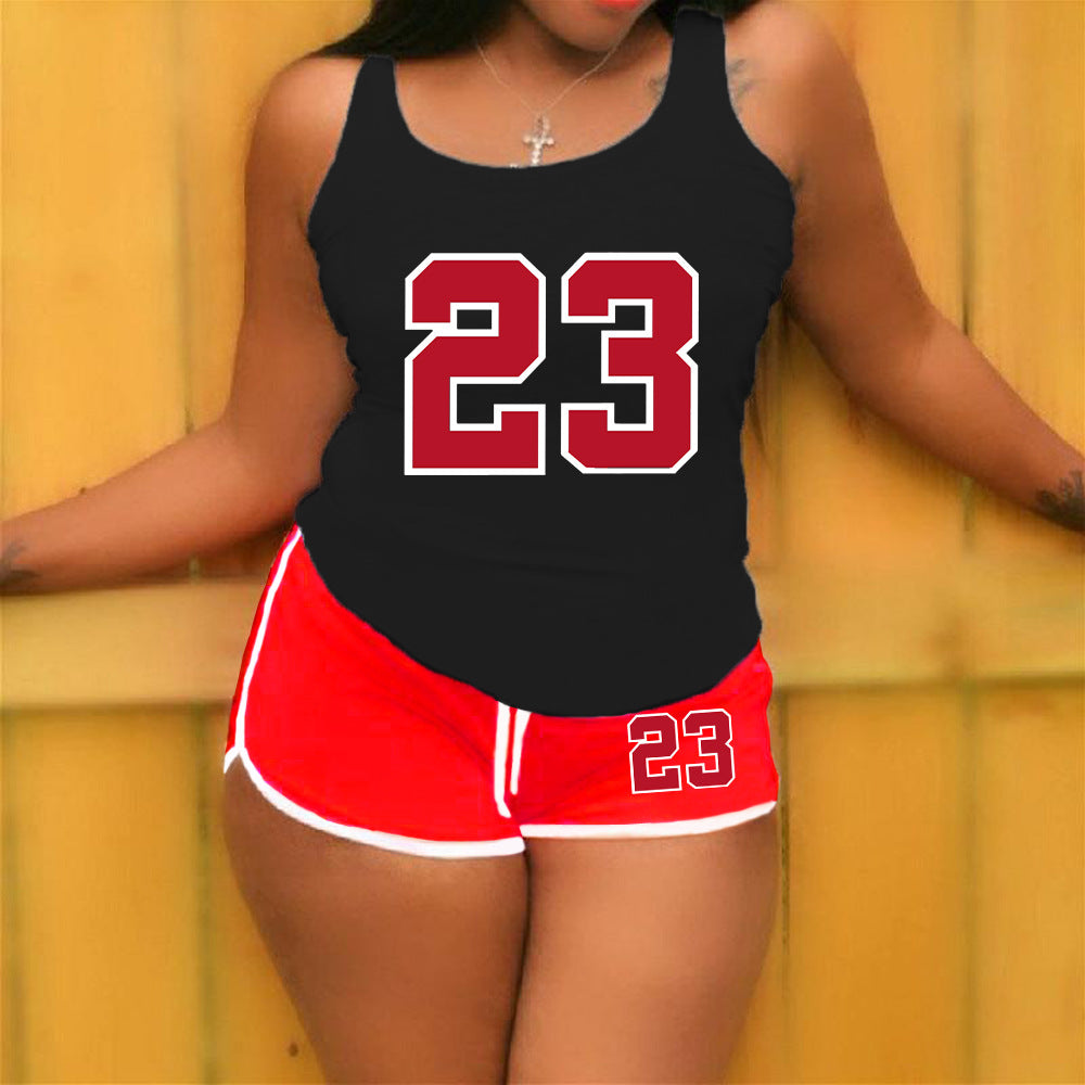 Conjunto de 2 piezas de camiseta sin mangas con cuello redondo y pantalones cortos holgados con estampado digital de color sólido informal para mujer