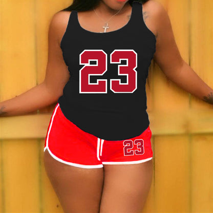 Conjunto de 2 piezas de camiseta sin mangas con cuello redondo y pantalones cortos holgados con estampado digital de color sólido informal para mujer