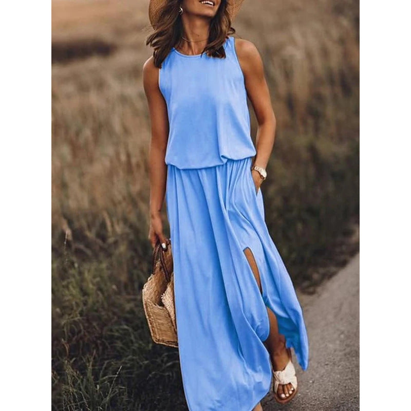 Summer Women Casual Basic Round Neck Sleeveless Side-slit Solid Color Long Dress