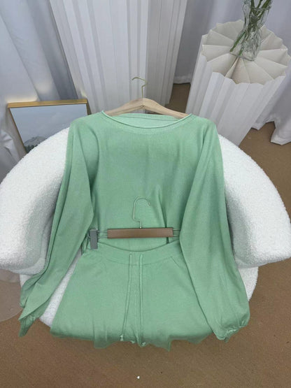 Women Casual Solid Color Knitted Long-Sleeve Sweater Drawstring Shorts Two-Piece Set