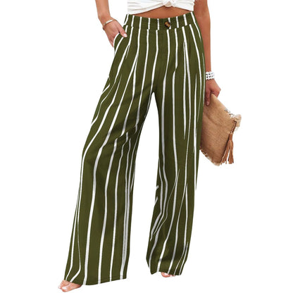 Pantalones anchos con botones y cintura alta con estampado floral a rayas informales para mujer