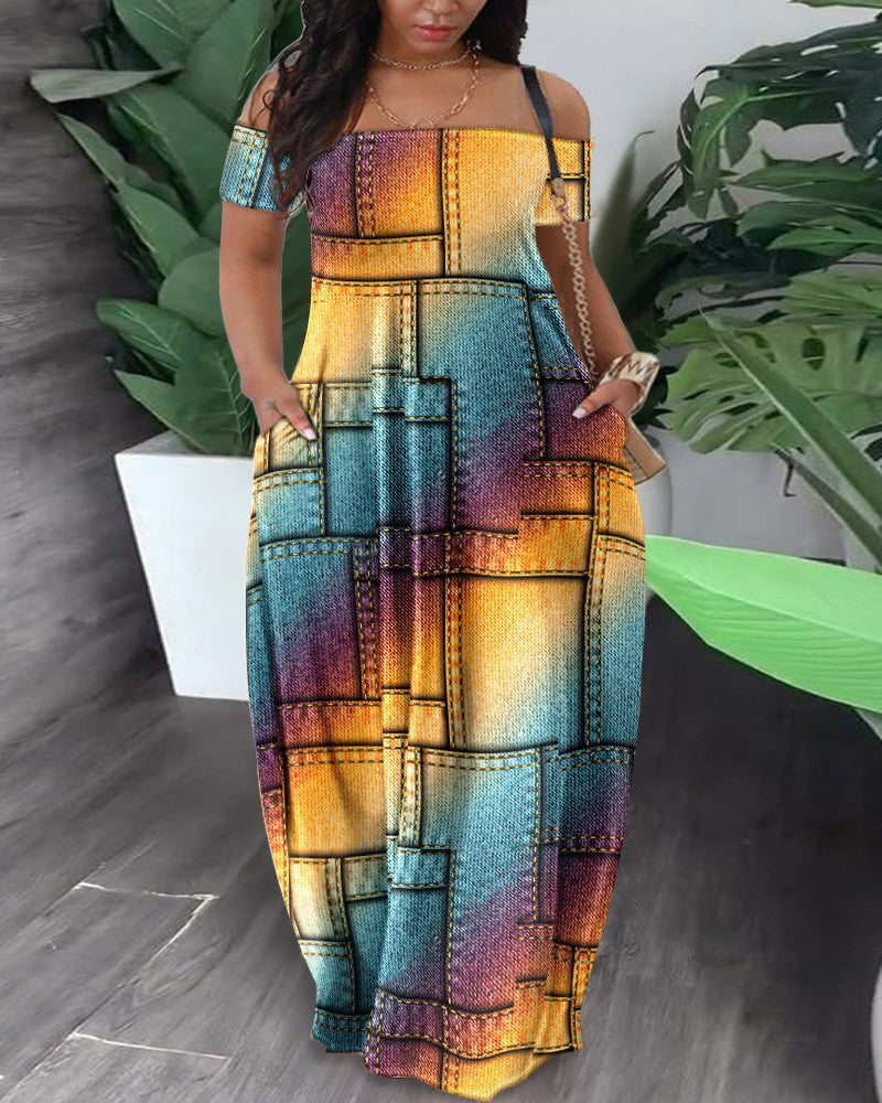 Women Casual Fashion Short Sleeve Off-Shoulder Graphic Printed Maxi Dress
