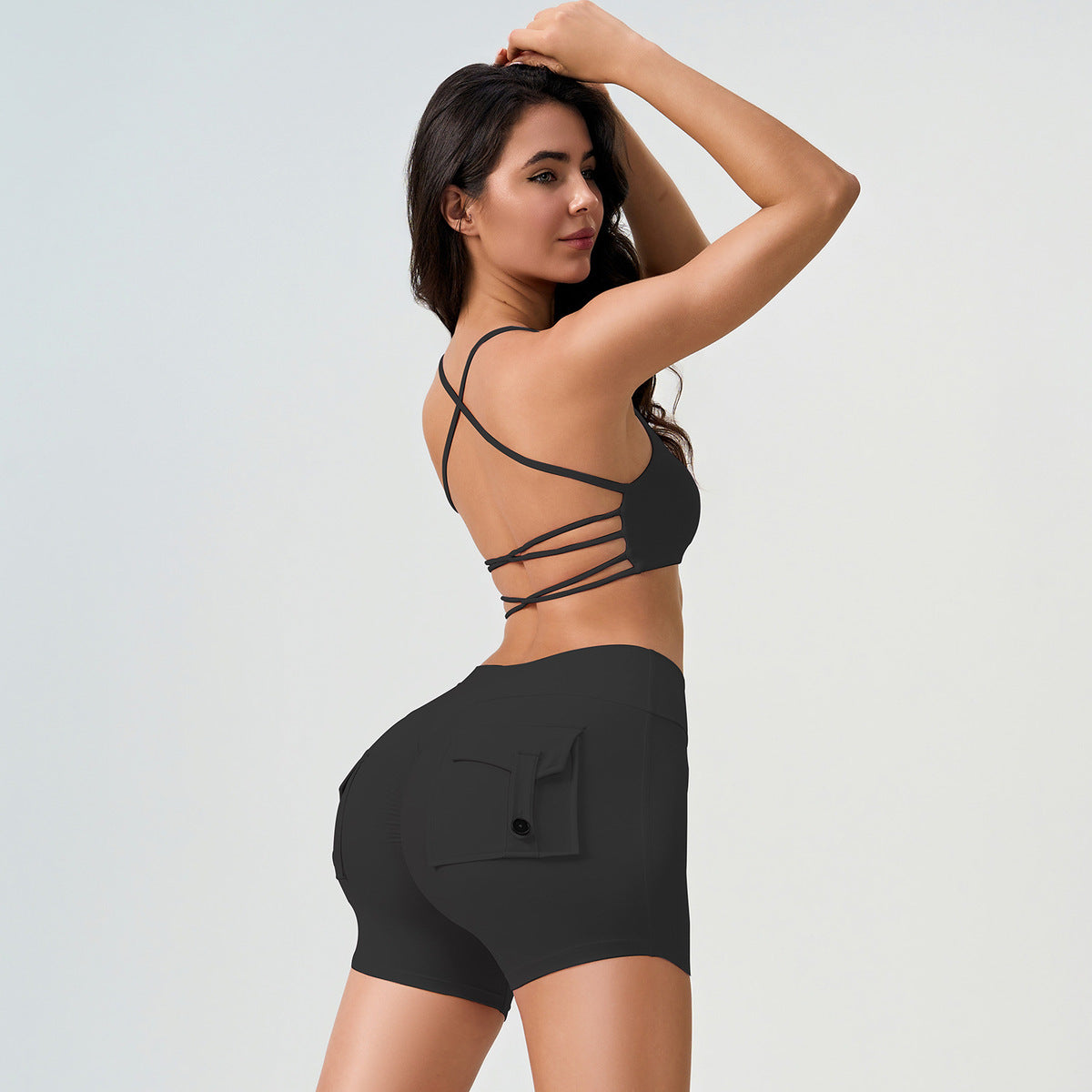Conjunto de dos piezas de yoga con sujetador y pantalones cortos de cintura alta, estilo casual, sin espalda cruzada y a prueba de golpes para mujer