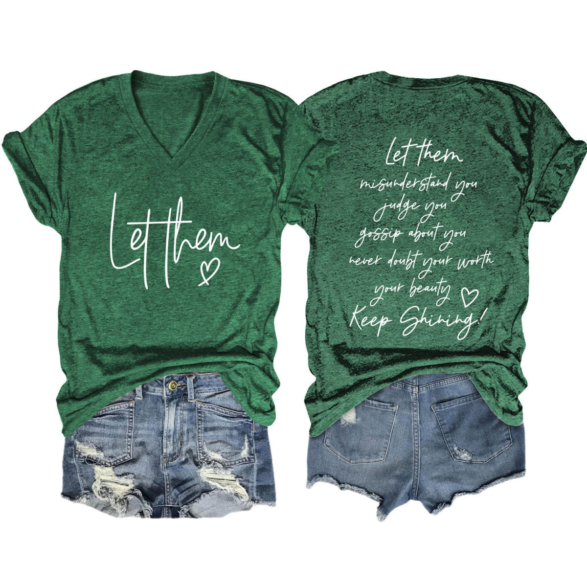 Camiseta informal de verano para mujer con estampado de letras de doble cara y cuello en V de manga corta