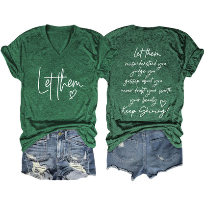 Camiseta informal de verano para mujer con estampado de letras de doble cara y cuello en V de manga corta