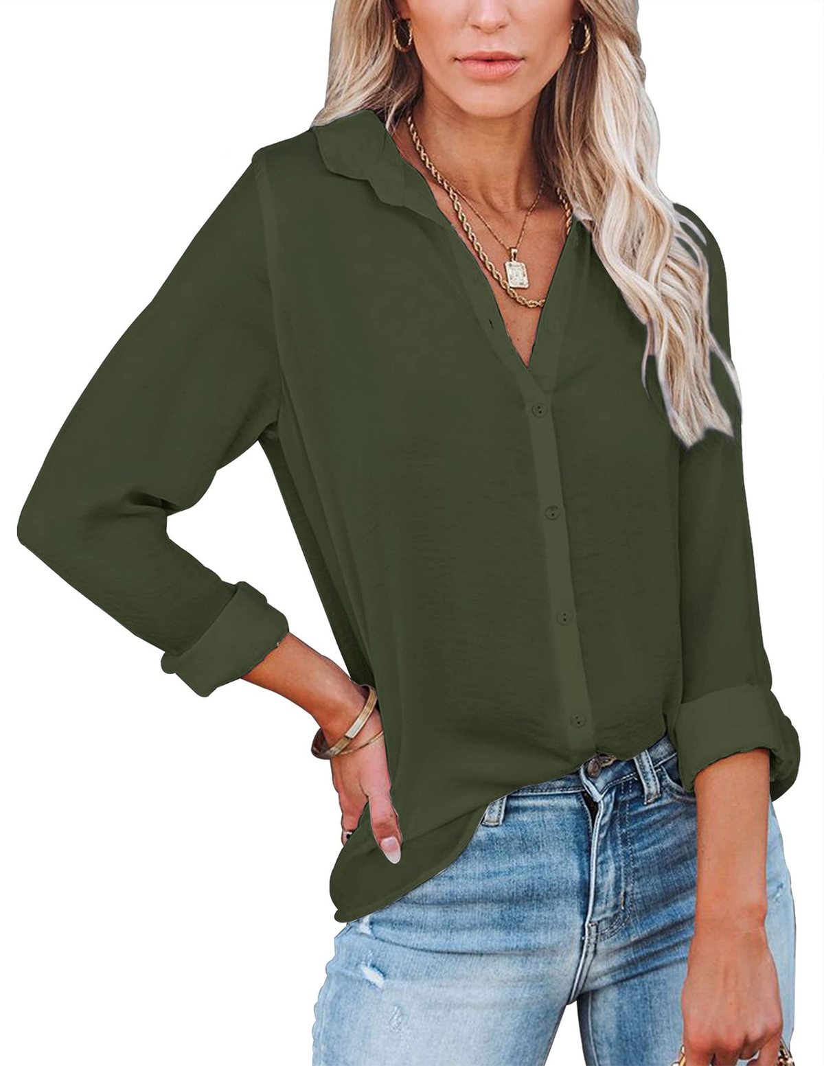 Blusa informal sencilla de manga larga con solapa en color liso para mujer