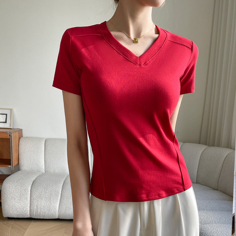 Camiseta informal de manga corta con cuello en V y color liso para mujer de verano
