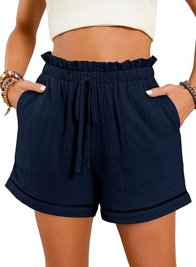 Women Fashion Casual Solid Color High Waist Lace-Up Wide-Leg Shorts