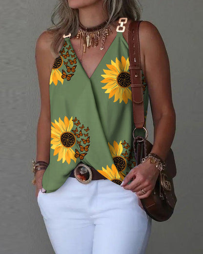 Women Fashion Casual Printed V-Neck Metallic Buckle Tank Top