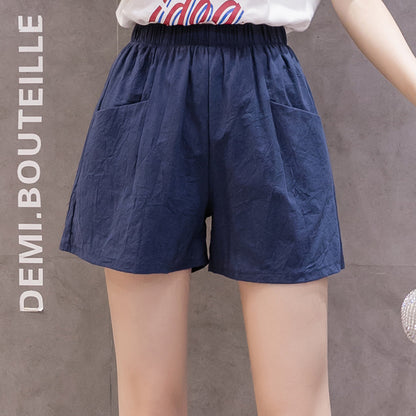 Women Fashion Casual Solid Color Cotton Linen High Waist Shorts