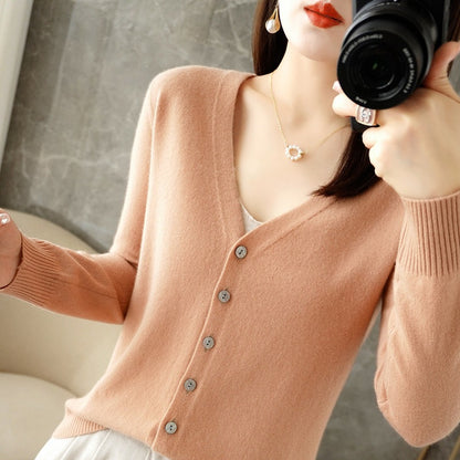 Chaqueta de punto con cuello en V informal de manga larga para mujer