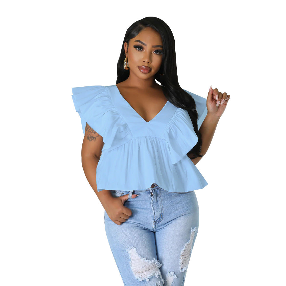 Blusa informal de manga corta con cuello en V y estampado floral arrugado para mujer