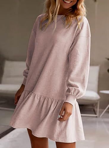 Women Casual Solid Color Round Neck Long Sleeve Dress