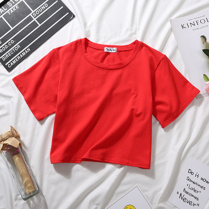 Camiseta básica de verano para mujer, de manga corta, color liso, con cuello redondo y cintura alta, informal, holgada