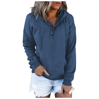 Sudadera con capucha básica informal de manga larga con bolsillo suelto y cuello en V para mujer