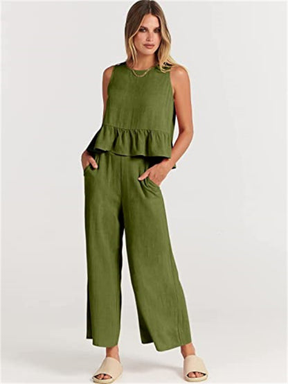 Conjunto de dos piezas de top informal sin mangas y pantalón ancho para mujer