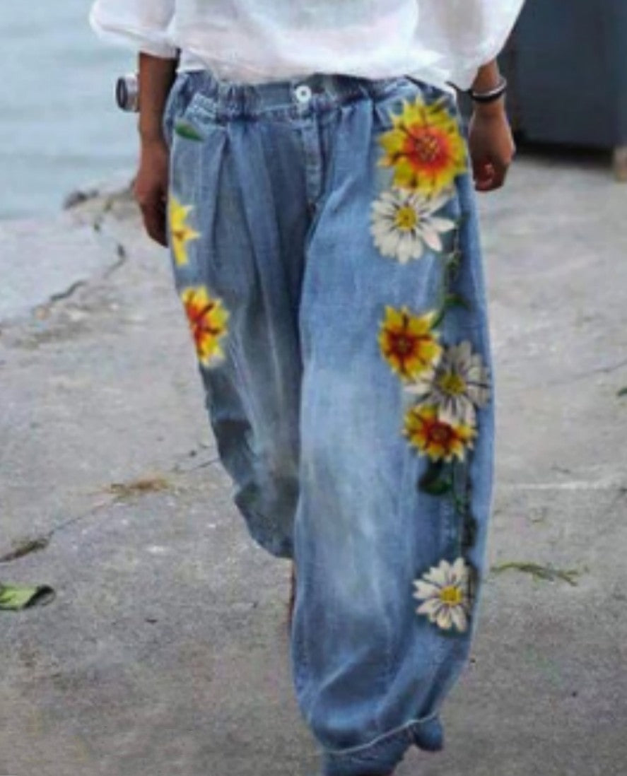 Women'S Fashion Vintage Casual Floral Embroidery Loose Jeans